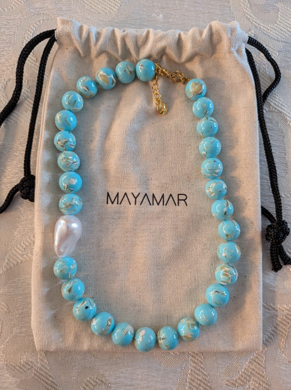 Mayamar Turquoise Bead Necklace with Baroque Pearl & Gift Bag - Picture 4 of 5